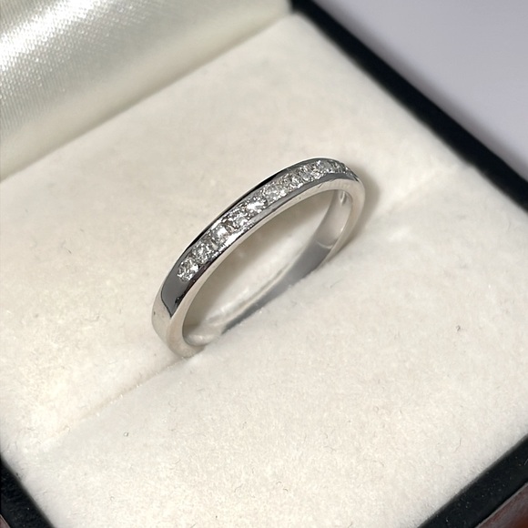 Solid Stamped 14K White Gold Natural Diamond Semi Eternity Band Ring Stackable - Picture 1 of 13